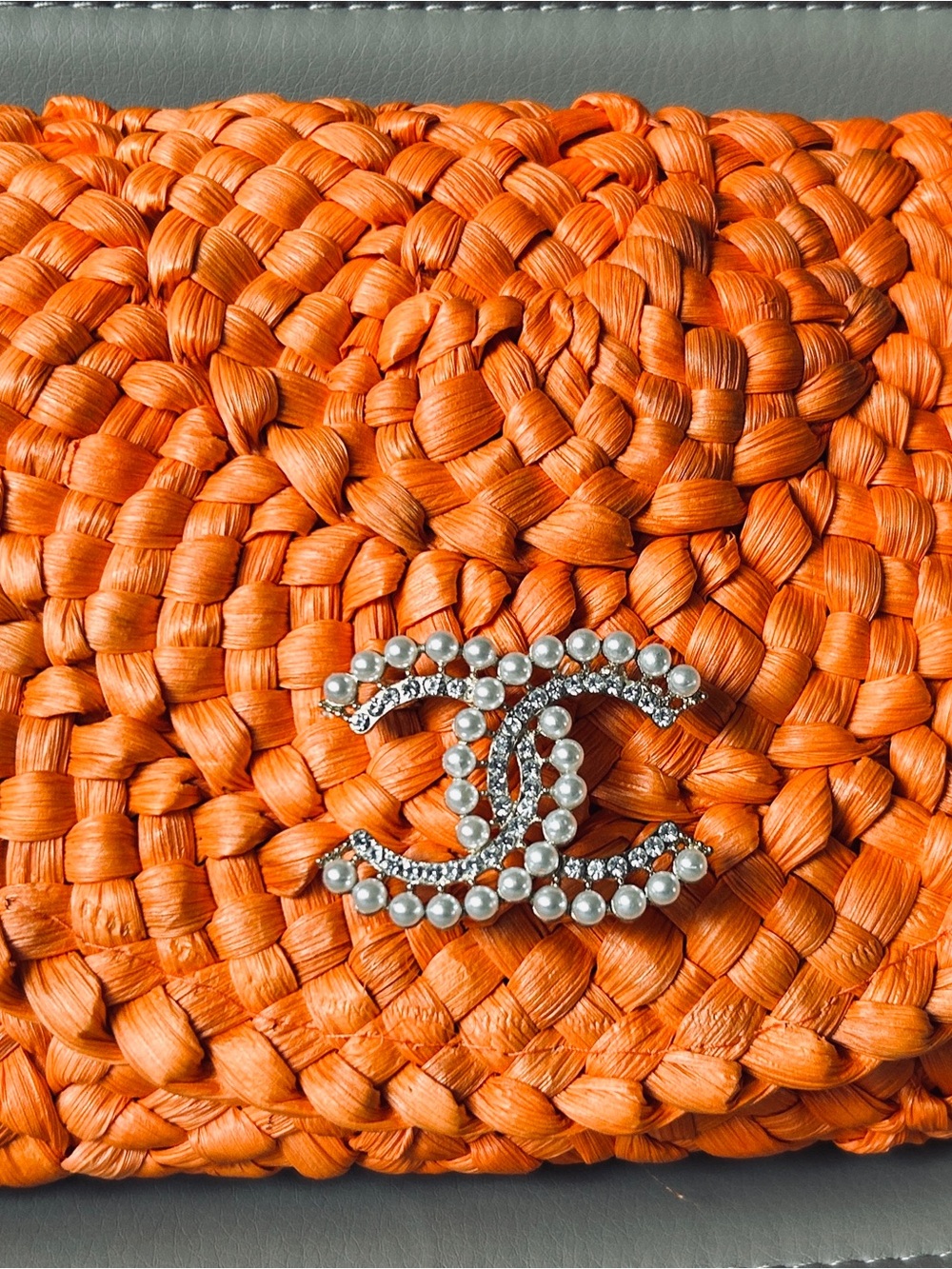Orange Raffia Clutch with Double CC Brooch in Pearl and Crystal